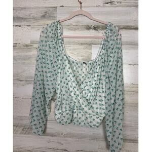 Free People women large Green white Floral Sweetie Pie Blouse Top lightweight